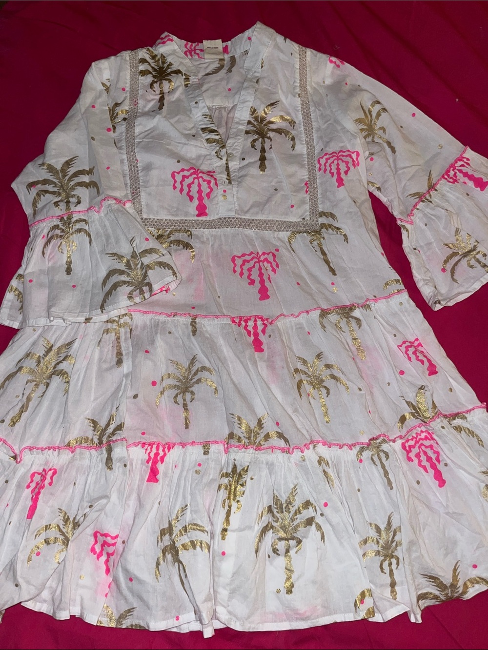 Women’s White Midi Dress with Gold Palm Print and Pink Accents